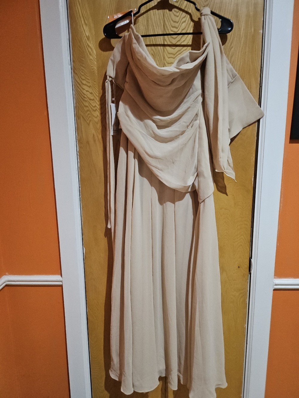 Womens One-Shoulder Chiffon Dress in Beige